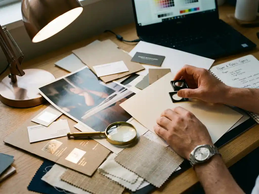Professional printing consultant examining various paper samples and material swatches on desk with magnifying glass.