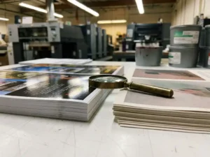 Two stacks of paper samples on white desk - glossy coated sheets and matte uncoated paper with magnifying glass comparison
