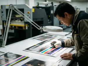 Print quality inspector examining color sheets with magnifying loupe over CMYK color bars at inspection table