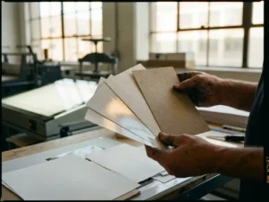 Printing press operator examining various paper samples including glossy, matte, and textured sheets in modern workspace