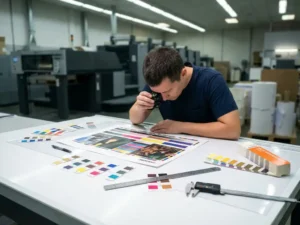 Printing technician examining color proof sheet with magnifying loupe at inspection table with ink swatches and tools
