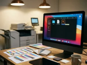 Professional printing office workspace with computer monitor displaying PDF and AI files, color samples, and commercial printer