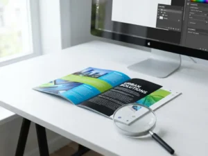 Professional designer's workspace with high-quality printed brochure on white desk, computer monitor showing design file in background