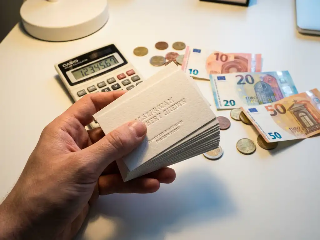 Hand holding stack of embossed business cards on white desk with calculator, euro bills and coins in warm lighting