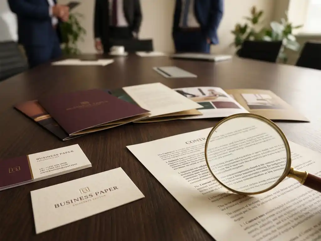 Professional business meeting table with colorful printed brochures, business cards, and magnifying glass examining documents