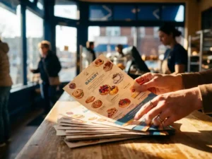 Stapel kleurrijke zakelijke flyers op houten toonbank in bakkerij, met gebakbeelden, handen reikend naar papier in warm ochtendlicht