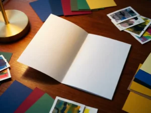 Wit gevouwen brochure op mahonie bureau omringd door kleurstalen en drukwerkvoorbeelden onder warme bureaulamp