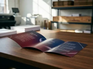 Opengevouwen driebladige brochure met glanzende afwerking op gepolijst houten bureau, levendige kleurgradiënten en scherpe typografie zichtbaar