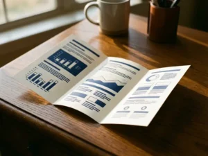 Opengevouwen drieluik bedrijfsbrochure op gepolijst houten bureau met donkerblauwe inkt en warme zonlichtschaduwen
