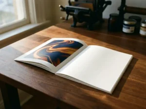 Open brochure op houten bureau met kleurrijke graphics aan één kant en blanco witte pagina aan andere kant