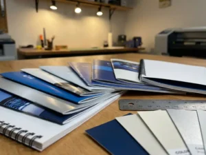 Stapel glanzende brochures met verschillende papiergewichten op professionele drukwerkplek met liniaal en kleurstalen