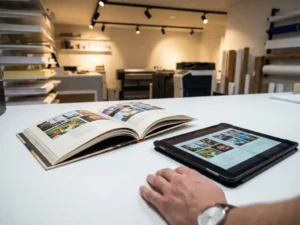 Open brochure met scherpe vouwen naast tablet met hetzelfde ontwerp op wit bureau in professionele drukkerij
