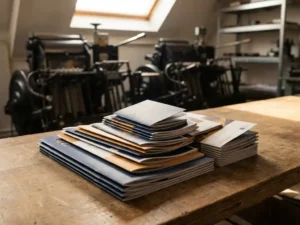 Stapel brochures in verschillende formaten op houten drukkerij tafel met vouwconfiguraties, warme werkplaatsverlichting