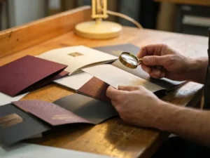 Handen onderzoeken hoogwaardige brochuremonsters met verschillende papierstructuren en drukafwerkingen op houten bureau