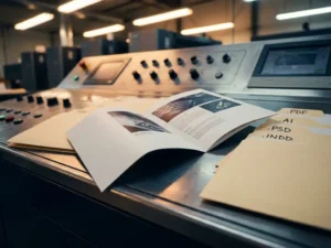 Open brochure mockup op professionele drukpers bedieningspaneel met georganiseerde mappen, warme industriële verlichting