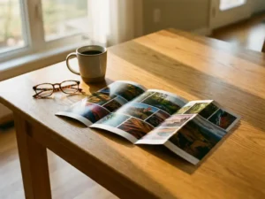 Drieluik brochure op houten bureau met koffiekop en leesbril, zachte ochtendzon door raam