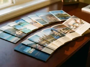 Elegante brochures uitgewaaierd op mahonie bureau met reisbestemmingen en bedrijfscatalogi in warm middaglicht