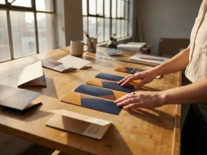 Handen van grafisch ontwerper die kleurrijke brochure panelen uitlijnen op houten tekentafel met gevouwen samples ernaast