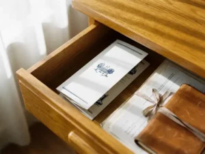 Tri-fold brochure met rijke papiertextuur in gepolijste houten bureaulade naast belangrijke documenten, zachte ochtendlicht creëert schaduwen