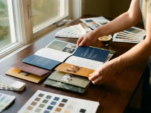Handen van grafisch ontwerper rangschikken verschillende versies van elegante brochures op houten bureau met kleurstalen