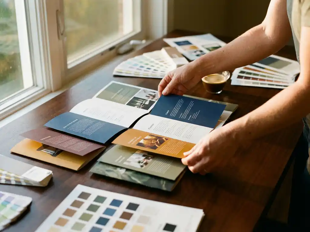 Handen van grafisch ontwerper rangschikken verschillende versies van elegante brochures op houten bureau met kleurstalen