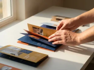Ontwerper rangschikt kleurrijke brochure samples op wit bureau, gevouwen marketingmateriaal in waaierpatroon met blauwe en oranje tinten