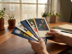 Handen van grafisch ontwerper rangschikken hoogwaardige gedrukte brochures op houten bureau, verschillende fotostijlen zichtbaar