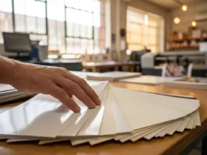 Vingers raken verschillende premium brochure papiersoorten aan, van glanzend gecoat tot getextureerd mat, uitgewaaierd op professionele drukkerij werkplek