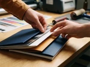 Brochure monsters gewaaierd over professionele drukwerkruimte, verschillende papiergewichten van dun glanzend tot dik mat karton