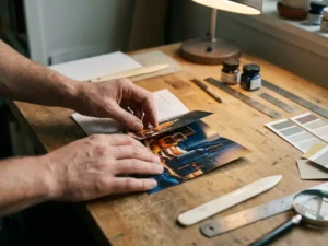 Handen vouwen zorgvuldig een glanzende drievoudige brochure met levendige productfoto's op houten werkbank tussen drukgereedschap