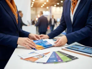 Professionele vrouwenhanden rangschikken glanzende drievoudige brochures op witte beurstafel naast tablet met digitale content