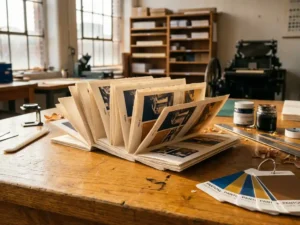Stapel gevouwen brochures met verschillende paginaaantallen op eiken drukkerstafel, omringd door drukgereedschap en kleurstalen in warme werkplaatsverlichting