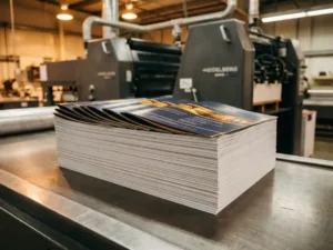 Stapel van 1000 glanzende brochures op professionele drukpers met Heidelberg machines op achtergrond