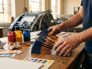 Handen schikken glanzende drievoudige brochures op houten werktafel in drukkerij met kleurstalen en industriële pers op achtergrond