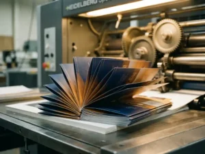 Stapel glanzende drievoidige brochures op professionele drukpers met levendige kleurgradiënten, Heidelberg drukmachine op achtergrond