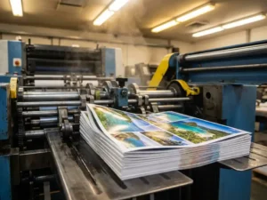 Stapel glanzende brochures komt uit industriële drukpers met glinsterend inkt onder heldere werkplaatsverlichting