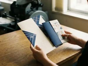 Professionele handen houden A4 en A5 brochures met kleurrijke print en reliëftextuur op eiken bureau bij natuurlijk licht