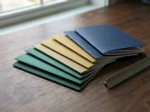 Stapel elegante brochures uitgewaaierd op houten bureau met meetlat, warm natuurlijk licht benadrukt premium papier textuur