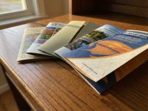 Vijf verschillende brochures uitgewaaierd op gepolijst houten bureau, variërend van drievoudig gevouwen tot boekje formaten met professionele kleurendruk