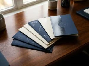 Elegante brochures uitgewaaierd op gepolijst houten bureau, verschillende papiertexturen en afwerkingen in marineblauw en crème tinten