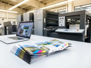Stapel glanzende driebladige brochures op witte tafel naast laptop met PDF-voorbeeld, Heidelberg drukpers op achtergrond