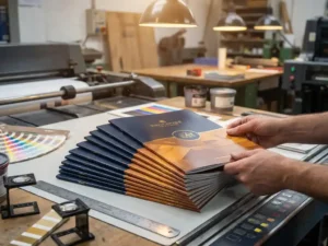 Stapel elegante brochures met glanzende omslagen op professionele drukkerij werkplek met kleurstalen en meetgereedschap