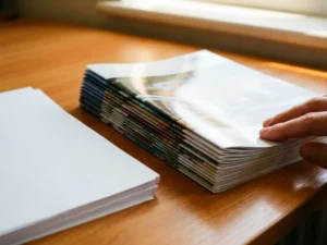 Stapel glanzende commerciële brochures naast gewone witte kantoorpapieren op houten bureau, natuurlijk licht toont kwaliteitsverschil