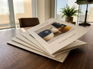 Stapel elegante brochures uitgewaaierd op houten bureau met warme natuurlijke belichting en navy-crème kleurenschema