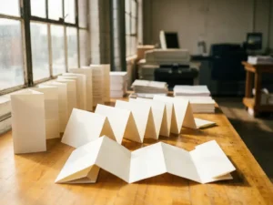 Witte brochures met verschillende vouwtechnieken gerangschikt op houten bureau in professionele drukkerij