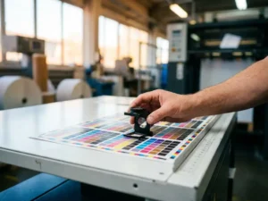 Professionele kleurenkalibratie met CMYK-kleurenkaart op drukpers, printer gebruikt loep voor kleurafstelling in industriële drukkerij