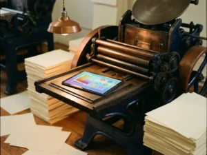 Tablet met digitale brochure op traditionele drukpers omringd door vers gedrukte papieren, warme industriële verlichting