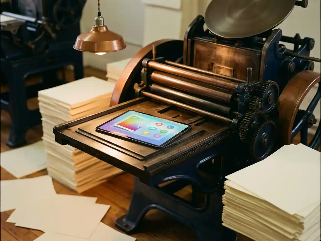 Tablet met digitale brochure op traditionele drukpers omringd door vers gedrukte papieren, warme industriële verlichting