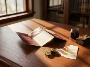 Gevouwen brochure op mahoniehout bureau met vintage loupe en kleurstalen, warme verlichting door raam