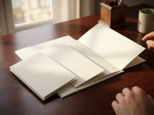 Stapel drieklap brochures in A4 en A5 formaten op mahoniehout bureau met natuurlijk licht en zachte schaduwen